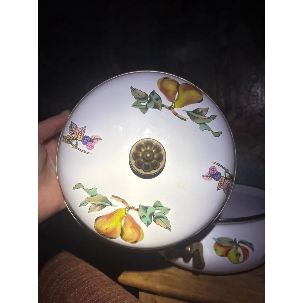 Tabletops Unlimited Fruit Enamelware Dutch Oven Lidded Casserole Pot Brass Handl